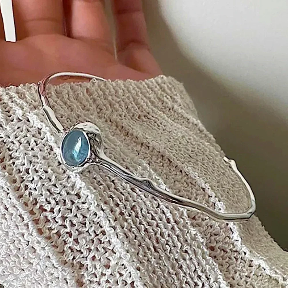 Sterling Silver Aquamarine Bangle Bracelet, Cuff, Blue Topaz, Minimalist - Picture 6 of 7